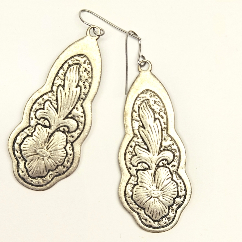 Etched Flower Silvertone Earrings - Picture 3 of 4